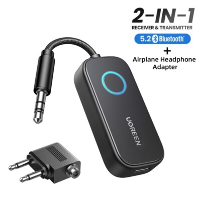 UGREEN Bluetooth 5.2 Transmitter 2-in-1 Airplane Receiver 3.5mm AUX Flight TV