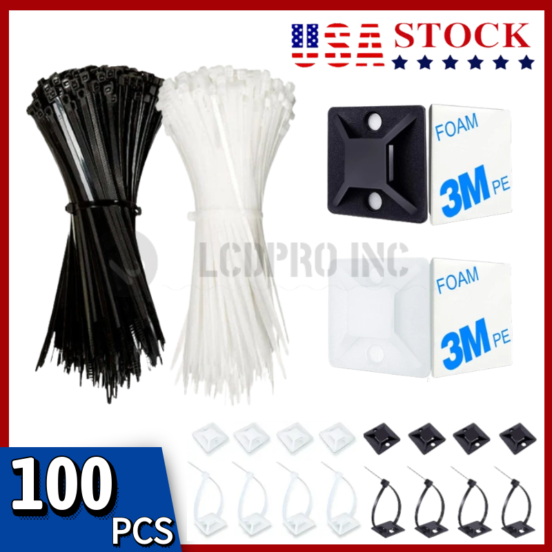 100PCS Cable Ties 4" Zip Mounts Nylon Black White Heavy Duty Weather Resistant