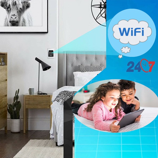 Children using tablet in room with WiFi symbol.