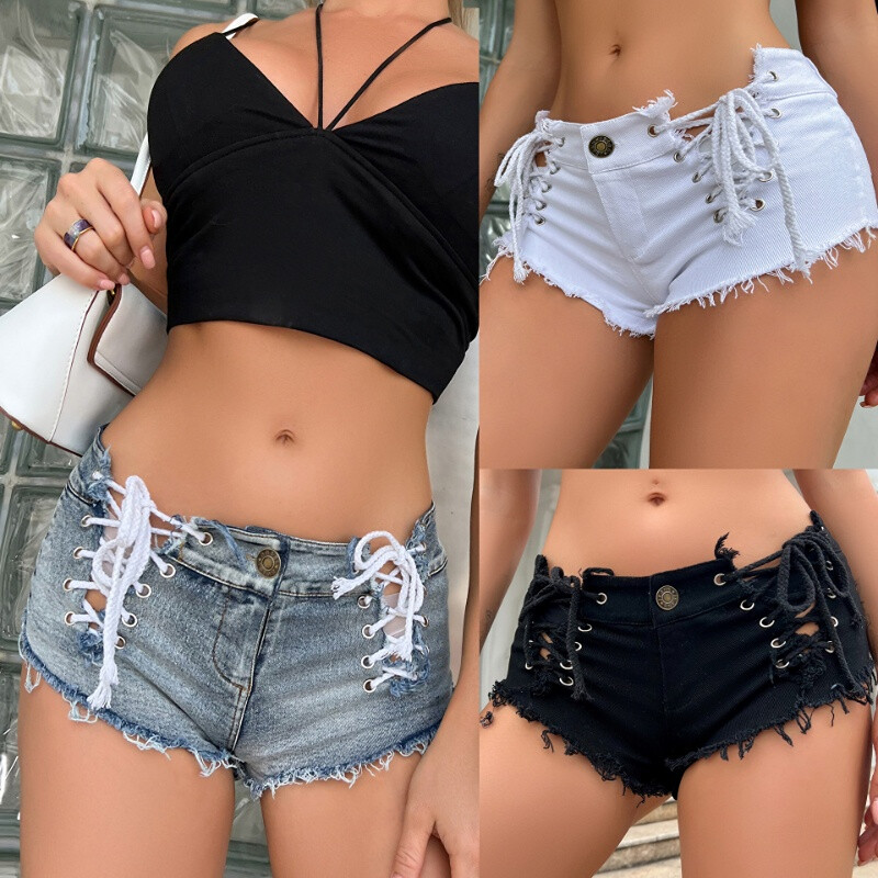 Femme Sangles Latérales Lacet Short Jeans Bas Taille Mini Sexy Chaud Pantalon