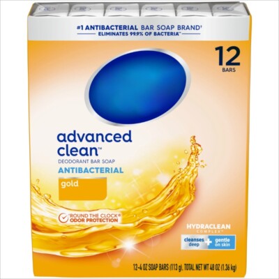 Antibacterial Deodorant Bar Soap, Advanced Clean, Gold, 4 oz, 12 Bars