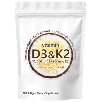 Vitamin D3 10000 iu Plus K2 (MK-7) 200 mcg,300 primary coconut oil soft capsules