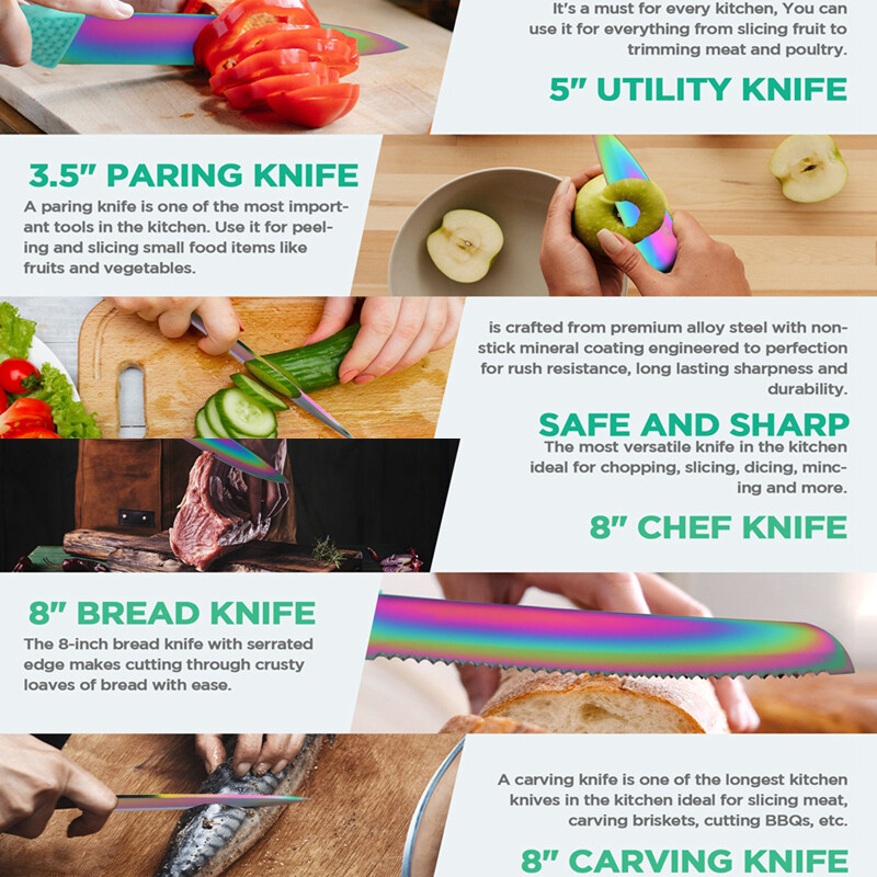 HAUSHOF Kitchen Knife Set 5Piece Rainbow Knife Sets Premium Steel Knives Set NEW