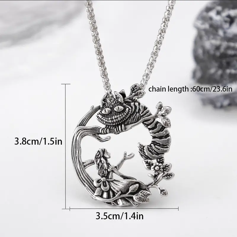 Alice In Wonderland Cheshire Cat Jewelry Vintage Silver Pendant Necklace