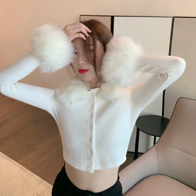 Women Faux Fur Collar Cardigan Crop Sweater Coat Long Sleeve Jacket Slim Fit