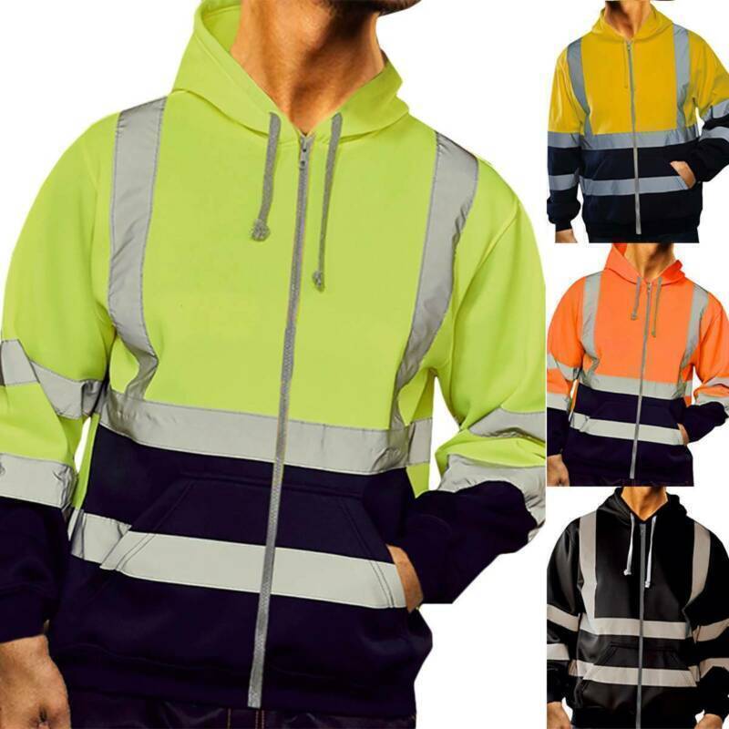 Men Hi-Vis Safety Tops Hoodies Jacket Waterproof Reflective Security Work Coat