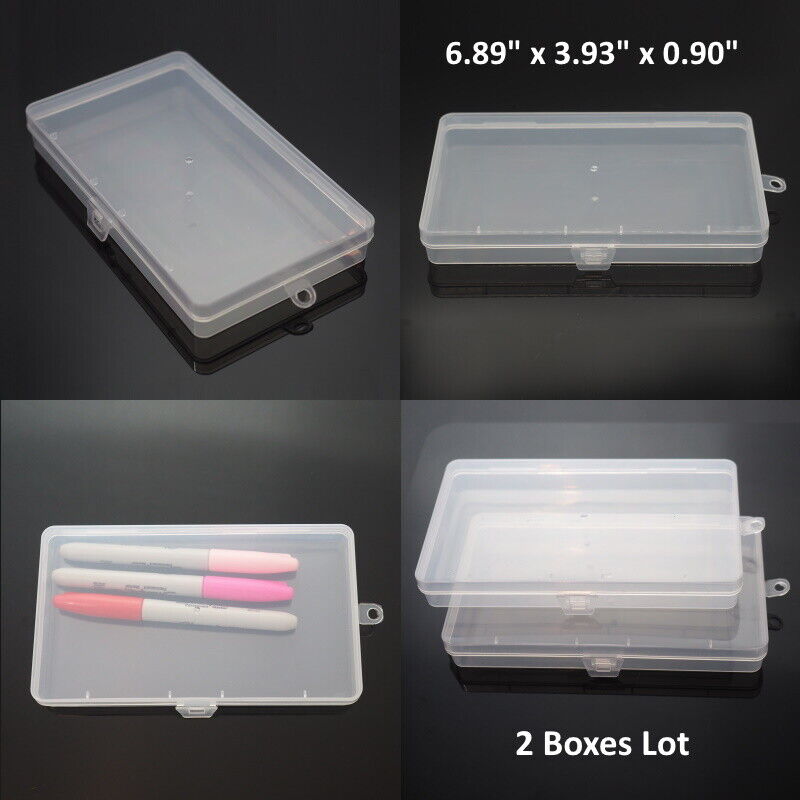 2pcs Clear Plastic Storage Container Box Hinged Lid Diy Arts Crafts Markers Pens