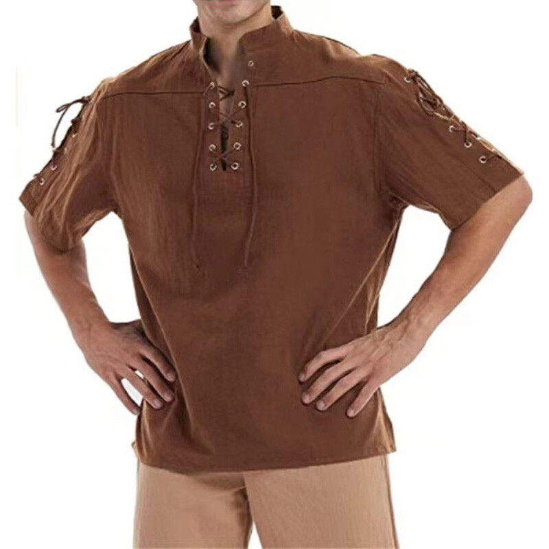 Men Lace Up Neck Pirate Shirt Top Medieval Short Sleeve Blouse T-Shirt Loose Fit