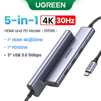 UGREEN 10Gbps USB C HUB 4K60Hz Type C to HDMI RJ45 PD 100W Adapter for Macbook