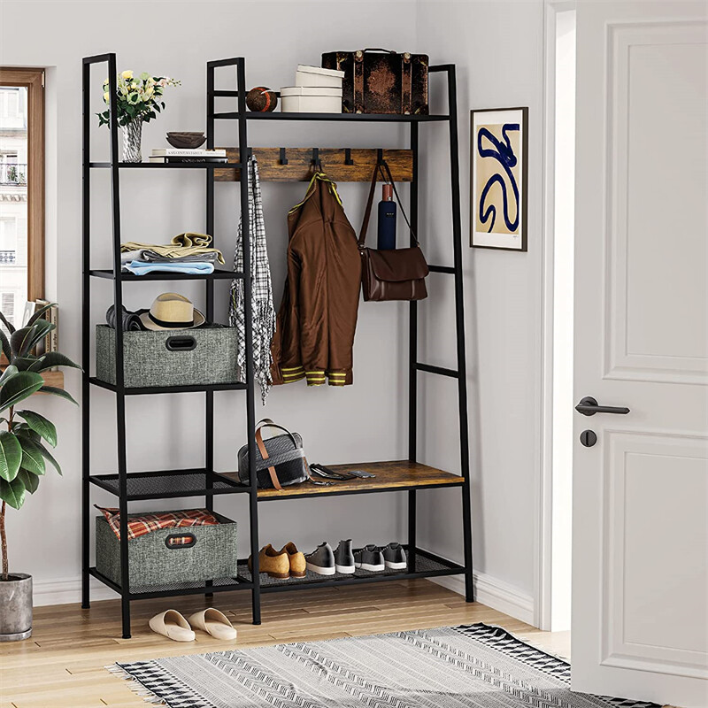 5-in-1 Industrial Coat Rack Hall Tree Entryway Shoe Bench w/5 Moveable Hooks