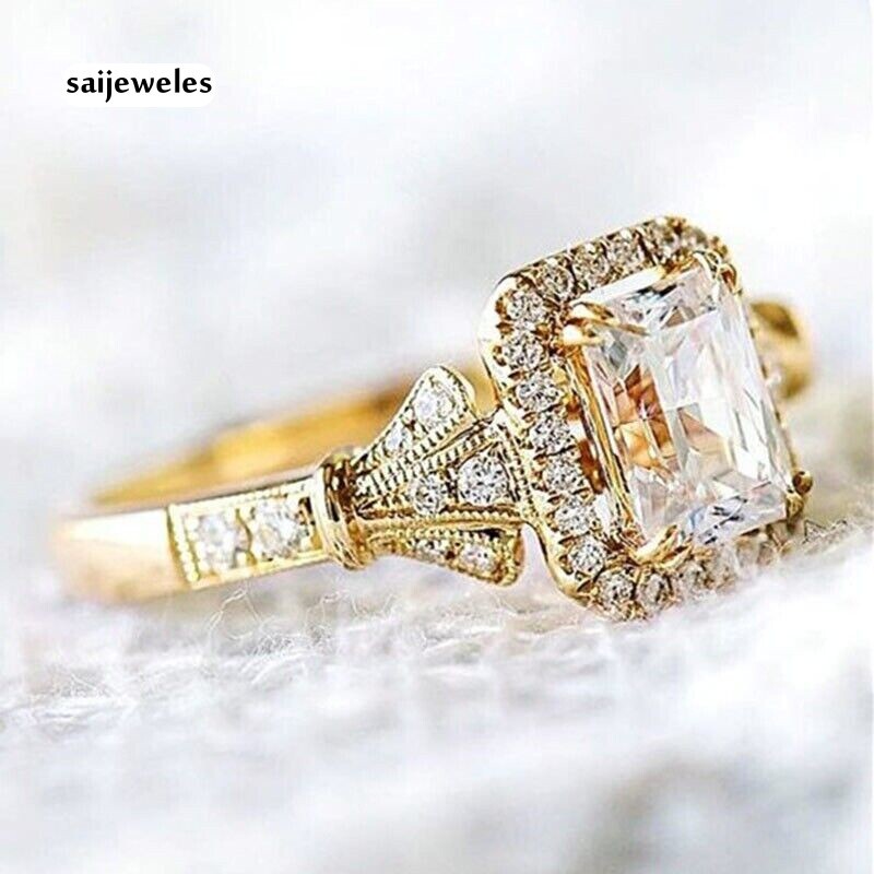 2CT Radiant Cut Lab-Created Diamond Vintage Halo Ring 14K Yellow Gold Finish