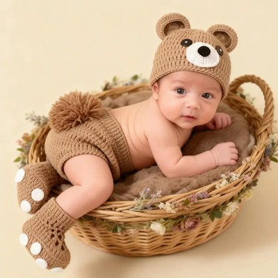 3pcs Bear Newborn Photography Props Knitted Baby Outfit Sets Cute Hat Shorts