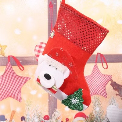 E4-3 Winter Bear Sequin Christmas Stocking – Glitter Tree Decor 25x19cm
