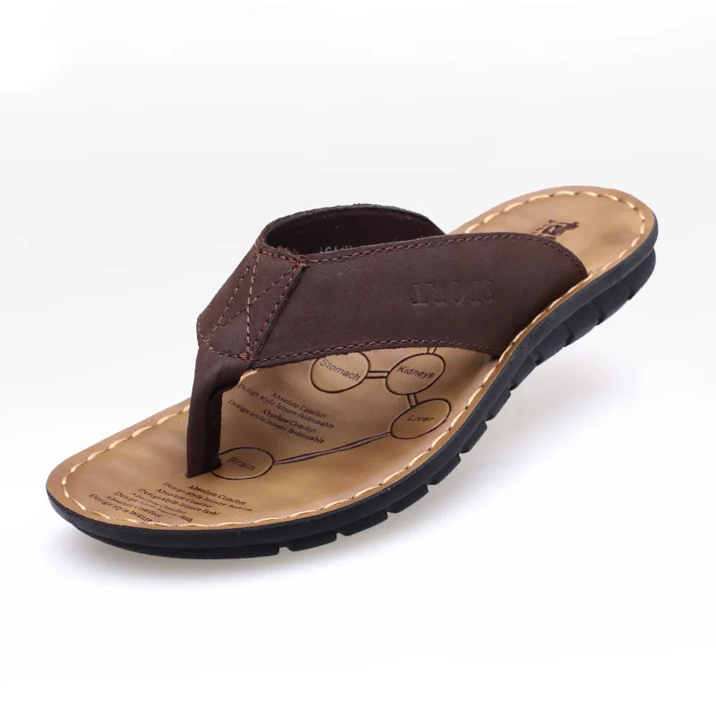 Mens Genuine Leather Beach Slippers Flip Flops Sandals Summer Man Shoes 