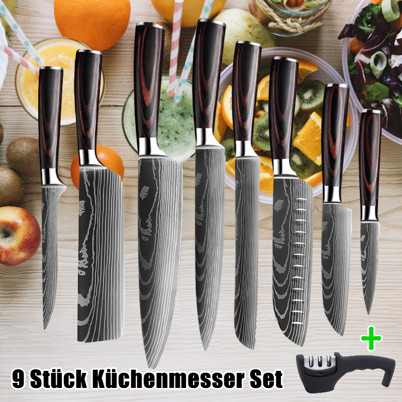 9 Stück Küchenmesser Set Japanisches Damast-Lasermuster Edelstahlkochs Messer