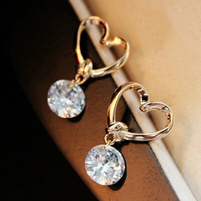 Rhinestone Heart Earrings Stud Dangle Crystal Wedding Party Women Fashion Gift