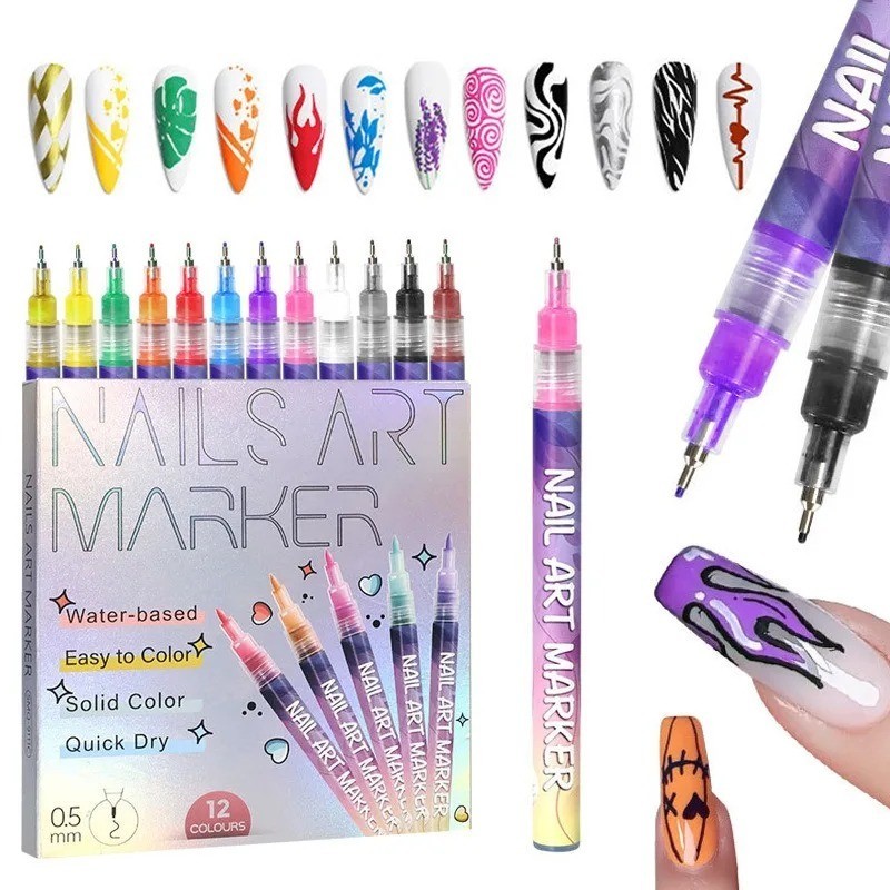 12Pcs/Set 3D Nail Art Drawing Pen Waterproof Painting Liner Drawing Embellishing