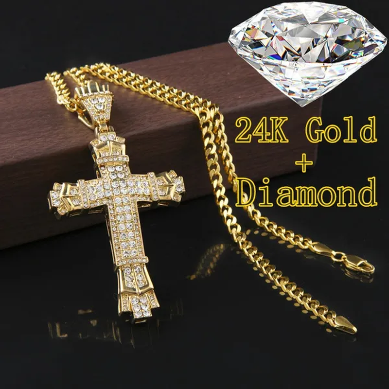 Tide Men'S 2018 Fashion Jewelry 24K Gold 925 Silver DIAMOND Pendant Stainless Steel Cross Rhinestone Pendant Necklace Chain