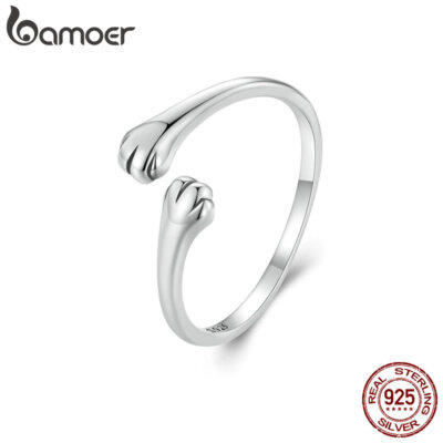 BAMOER 925 Sterling Silver Cat Embrace Adjustable Open Ring Party Women Gift