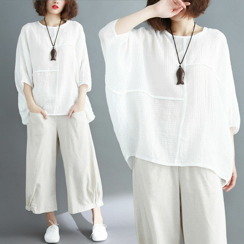 Women Cotton Linen T Shirt Tops Plain Loose Batwing Sleeve Blouse Vintage Casual