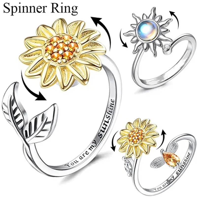Sunflower Ring Fidget Spinner Ring Open Adjustable Ring You Are My Sunshine Ring for Anxiety Relief Stress Cz Flower Rings Spinning Ring Jewelry Women Girl