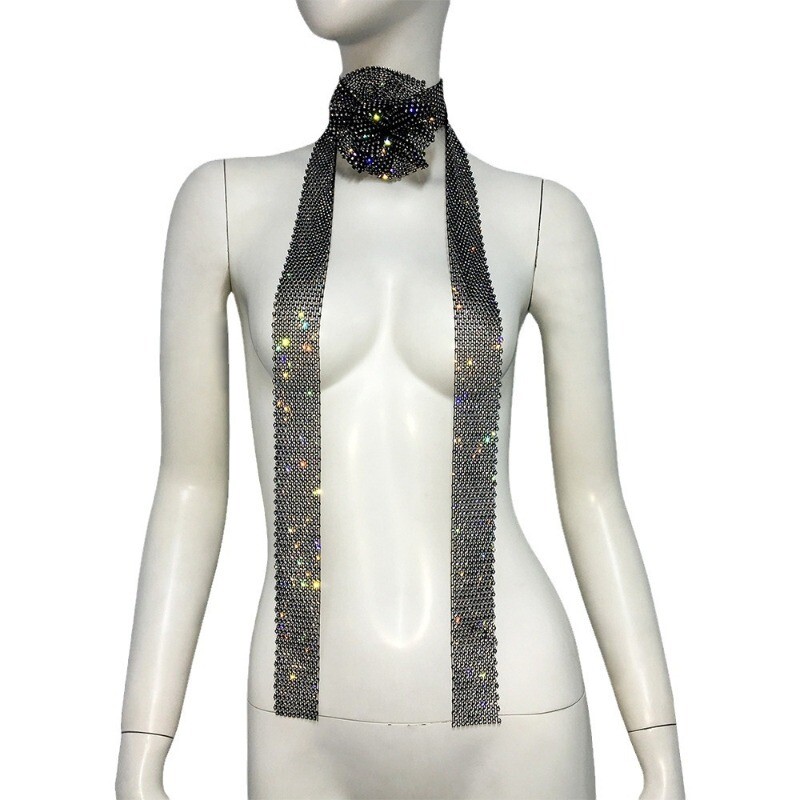 Metal Flower Rhinestone Neck Tie Scarf Neckerchief Long Shiny Glitter Party