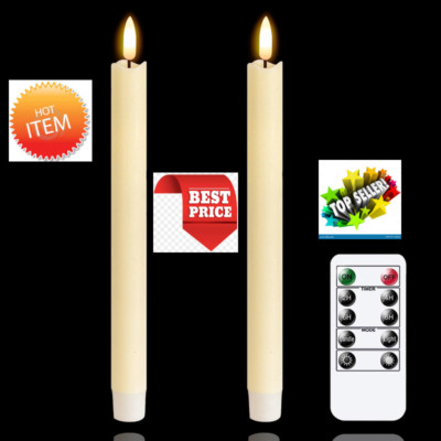 Set of 2 Luminara Real Wax Flameless Taper Candles - 8'' Ivory with Moving Wick  
