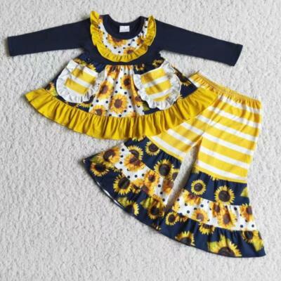Girls Sunflower Print Bell Pants Set 2pcs Tunic Outfit Two Pockets