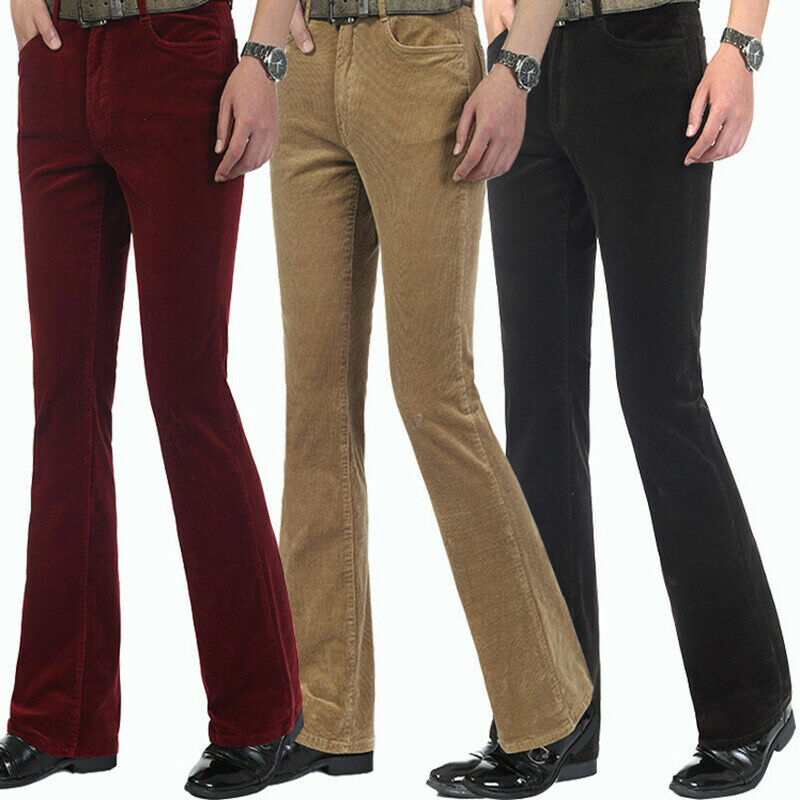 Hommes Velours Côtelé Patte D’Éléphant Évasés Pantalon Années 60 70 Vintage