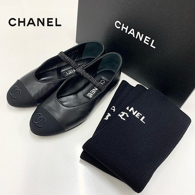 Chanel Mary Jane Leather Fabric Coco Mark Flat Shoes Leg Warmers Black size 34