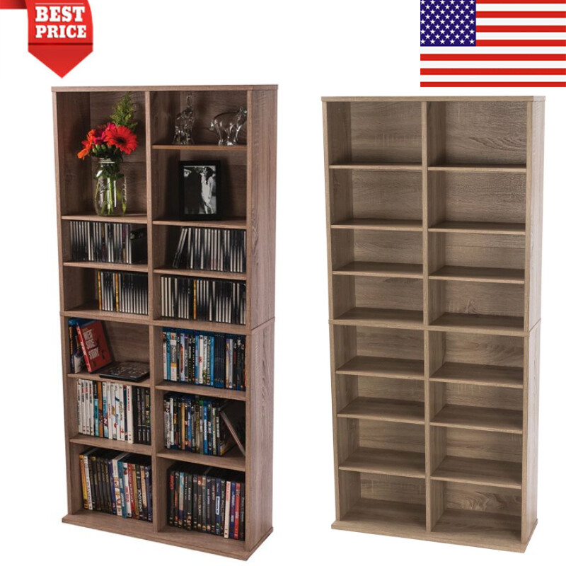 54" Wood Adjustable 16-Shelf Media Storage Tower Rack Bookcase Cabinet Shelves