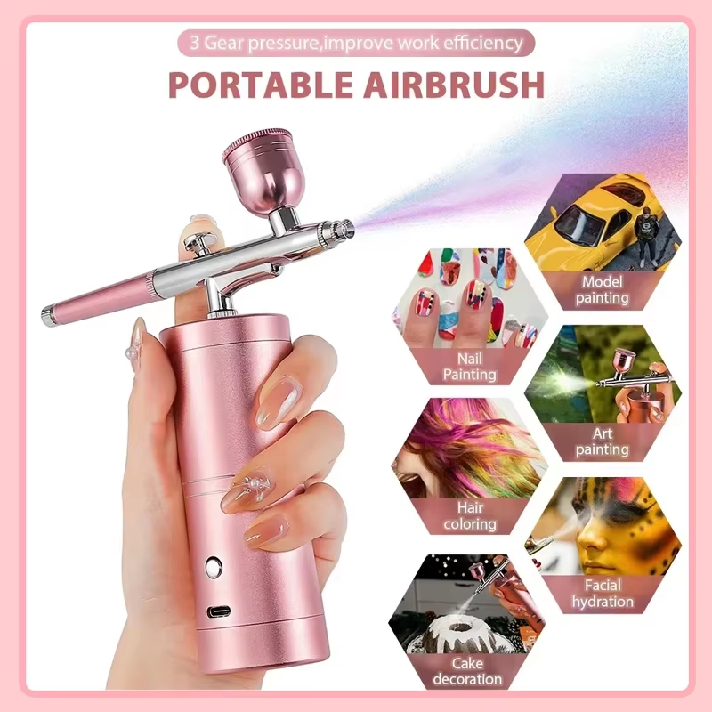 Top 0.3mm Pink Mini Air Compressor Kit Air-Brush Paint Spray Gun Airbrush For Na