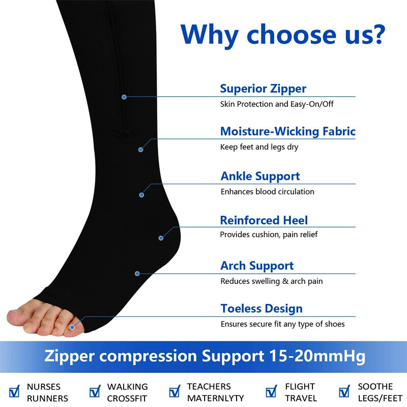 Copper Zipper Compression Socks Support Graduated Stockings Men Women 20-30mmHg