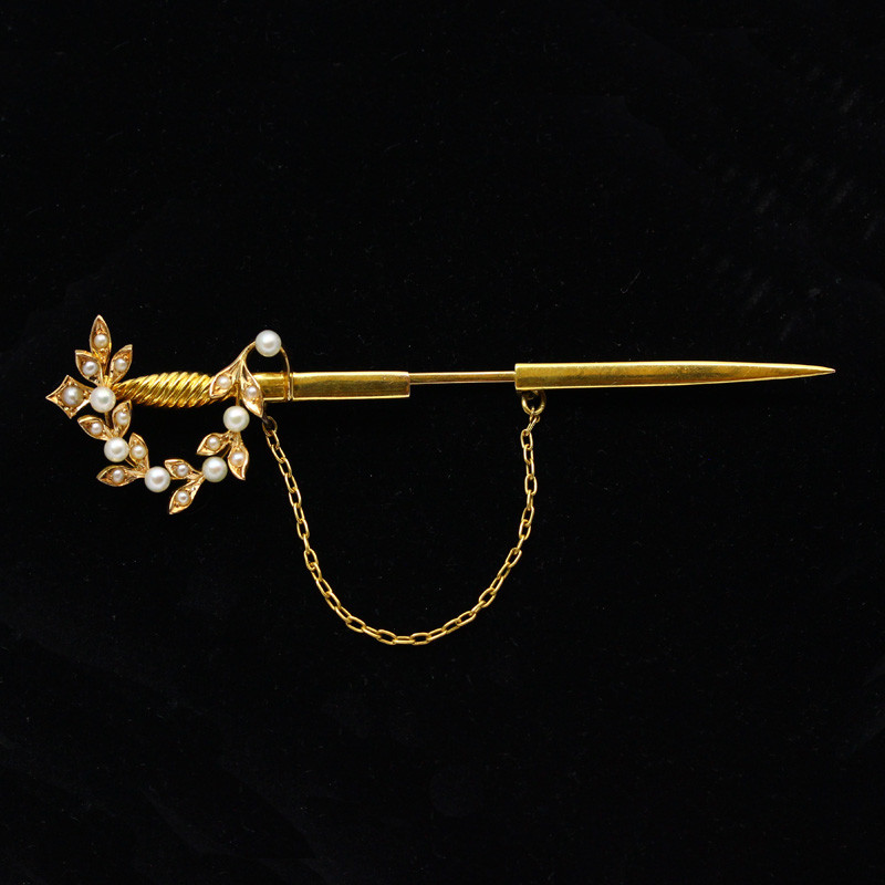 Antique ca 1900 18K Yellow Gold & Seed Pearl Sword Style Kilt Pin by Birks