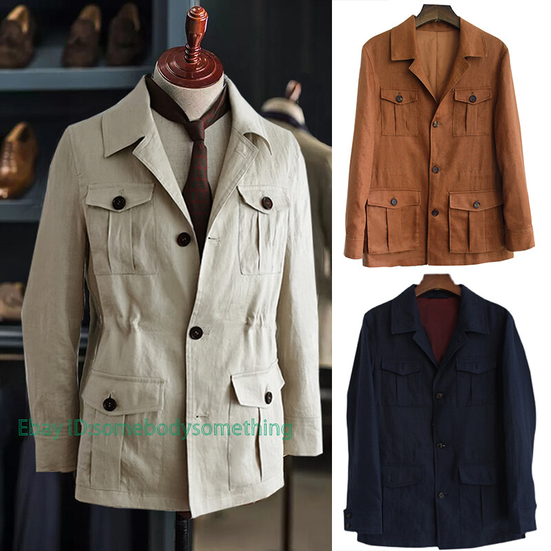 【BAON】[BAONHOUSE] Baba long safari jacket - Liner Jacket Mens 100% Linen Safari Jacket British Style Retro Business