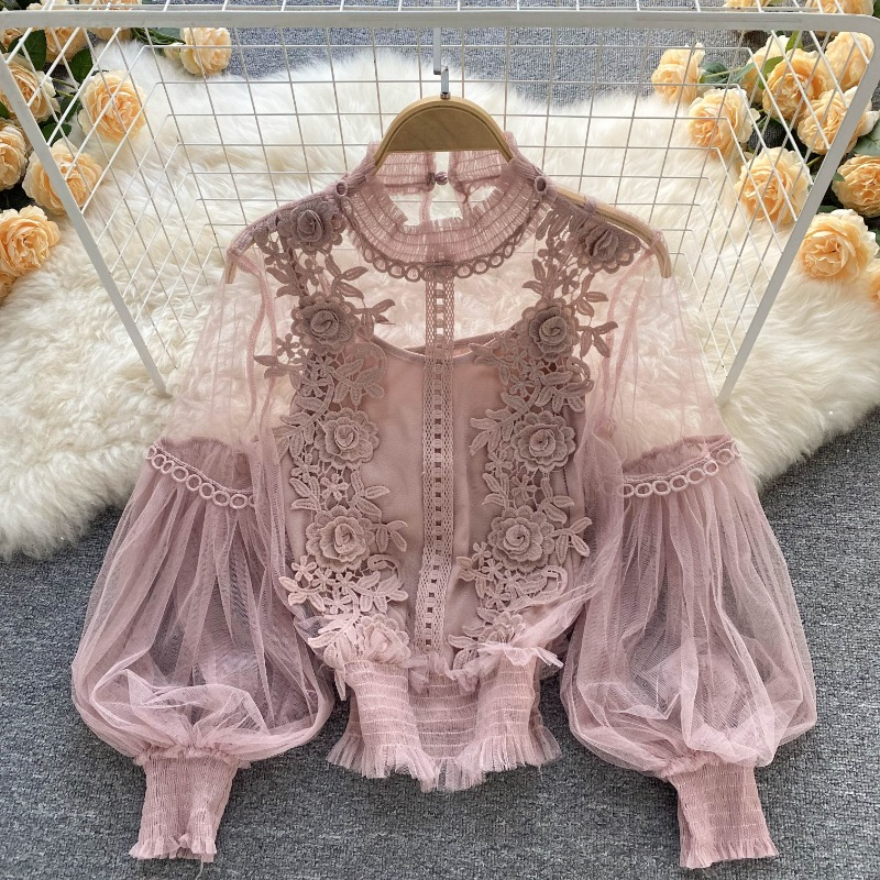 Damen Blumen Spitze Bluse T-Shirt Lang Puffärmel Kragen Elegant Freizeit