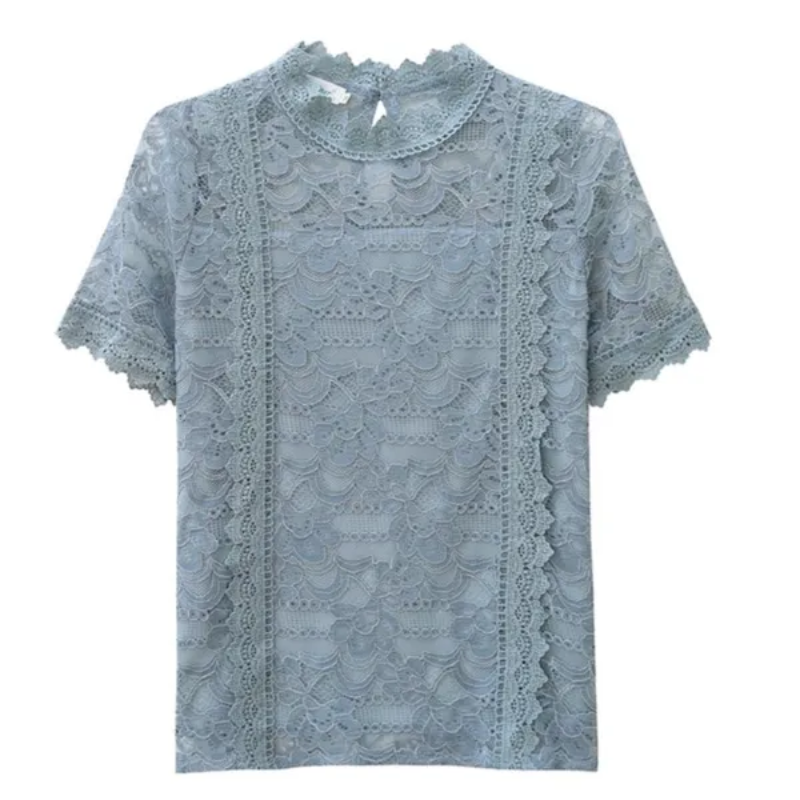 Donna Floreale Pizzo Camicia Manica Corta Cavo Uncinetto Maglia Al Sedere Slim