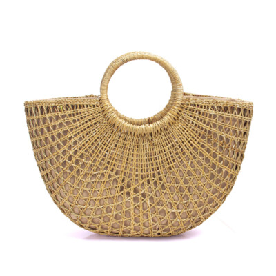 Straw Bag for Women Summer Beach Hollow Basket Handbag Drawstring Shopper Bags 