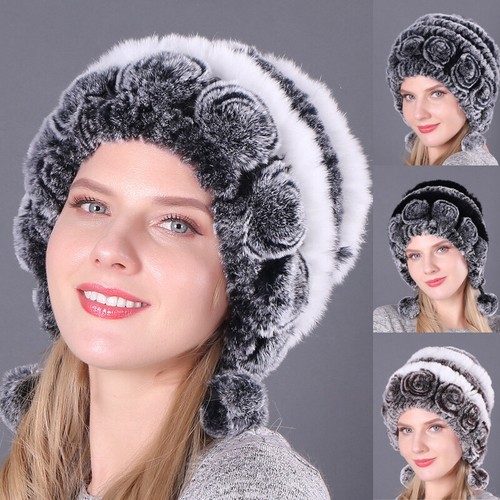 Women Warm Real Rex Rabbit Fur Hat Snow Cap Winter Hats Knit Beanies Fluffy Hats