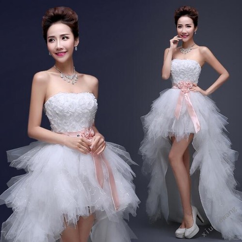 Women Lace Diamante Long Before Short Black Tail Feather Bride