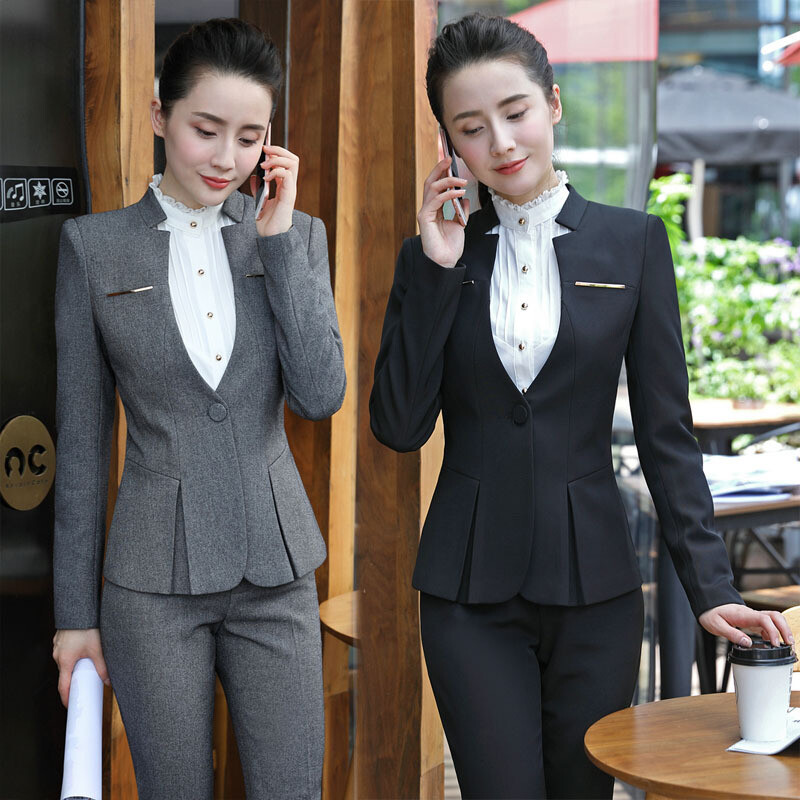 Lady Formal Business Suit Career Office Work Wear Uniform Blazer and Trouser Set