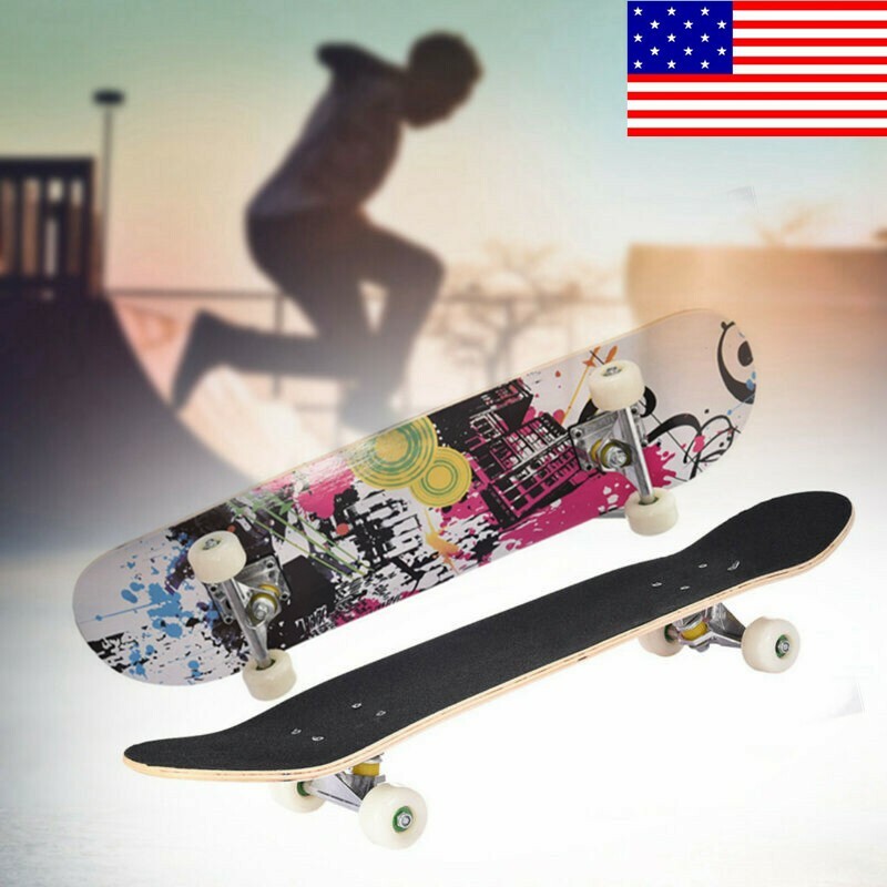 31''x 8'' Complete 4-Wheel Skateboard Double Kick Deck Concave w/White Wheels US