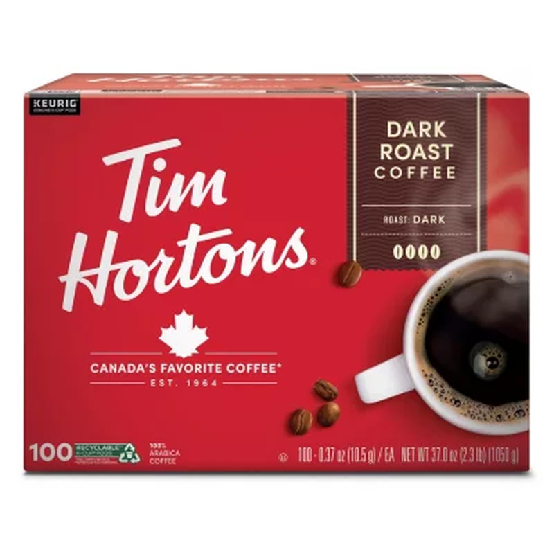 Tim Hortons Premium Dark Coffee, Dark Roast (100 Ct.) FREE S