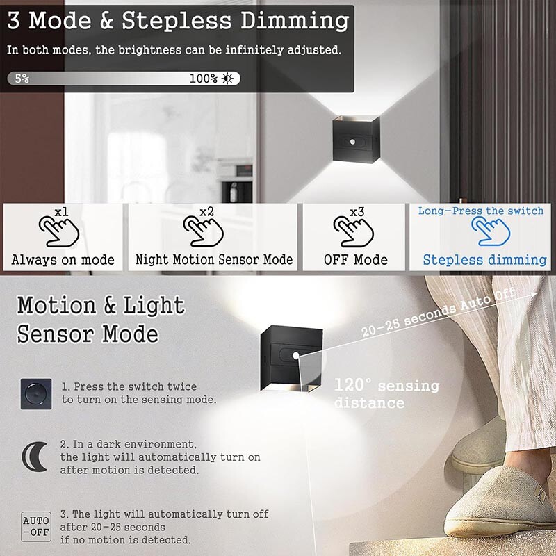 1-4 Pack Wall Lights Dimmable Indoor Rechargeable Up and Down Lamp Sconce