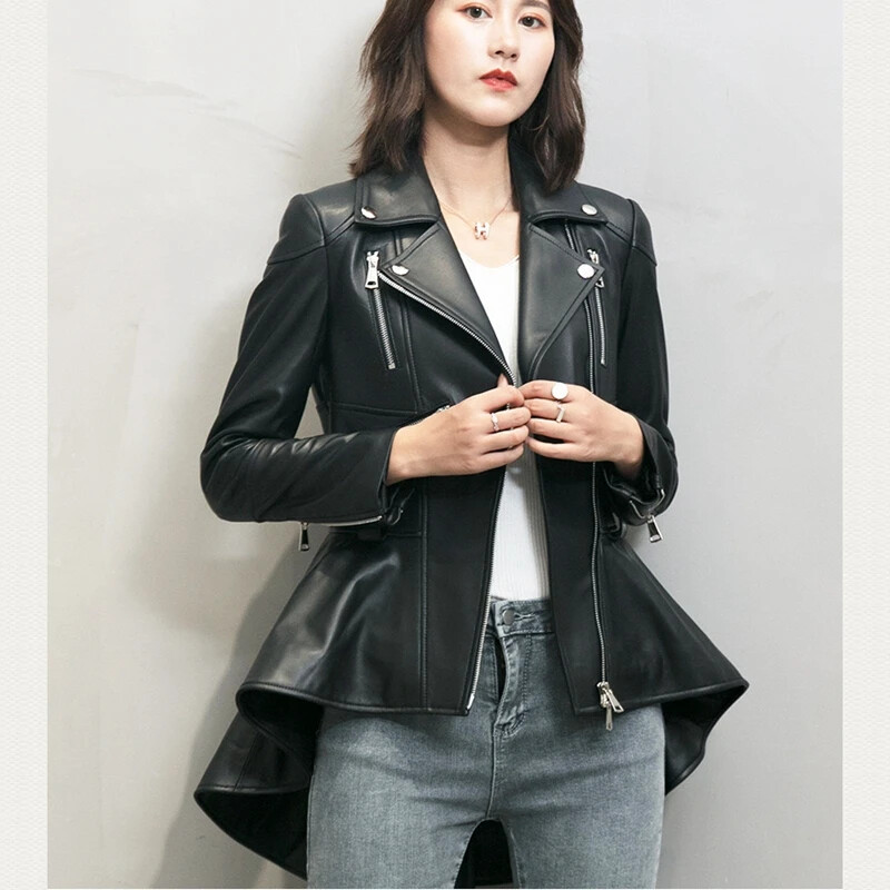 Womens Long Biker Jacket Flared Real Lambskin Motorcycle Coat Party/Cocotail M L