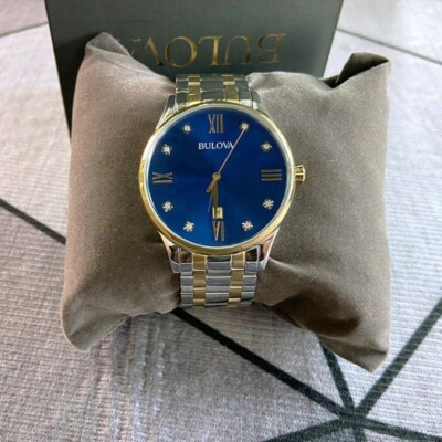 Classic Bulova Men's Blue Dial & Gold Silver Bracelet 98D130 Quartz Watch 40mm