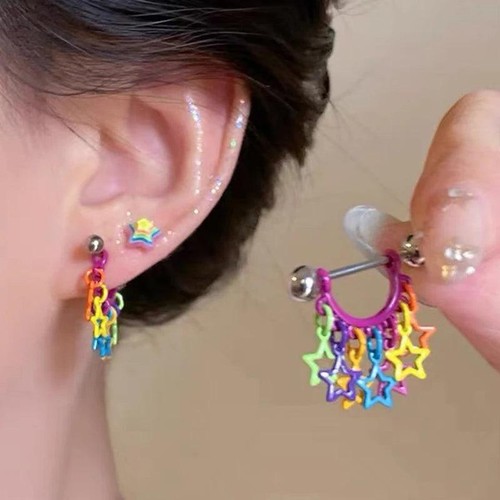 Stainless Steel Colourful Star Tassel Ear Cuff Stud for Women Gift