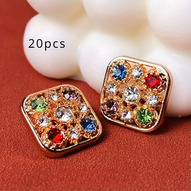 20x Glänzend Kristall Strass Knöpfe Quadratisch Metall Dekor für DIY Nähen Neu