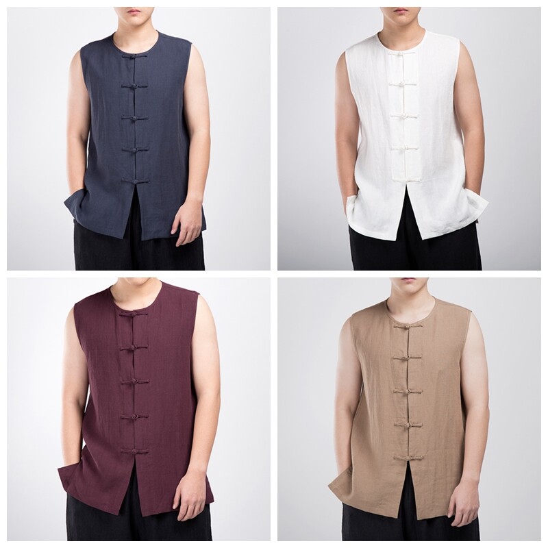 Men Retro Chinese Blouse Frog Button Waistcoat Cotton Linen Sleeveless Shirt