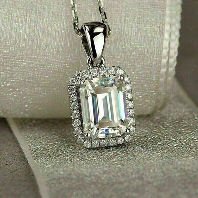 Emerald Lab Created Diamond Women's Wedding Halo Pendant 14K White Gold Plated